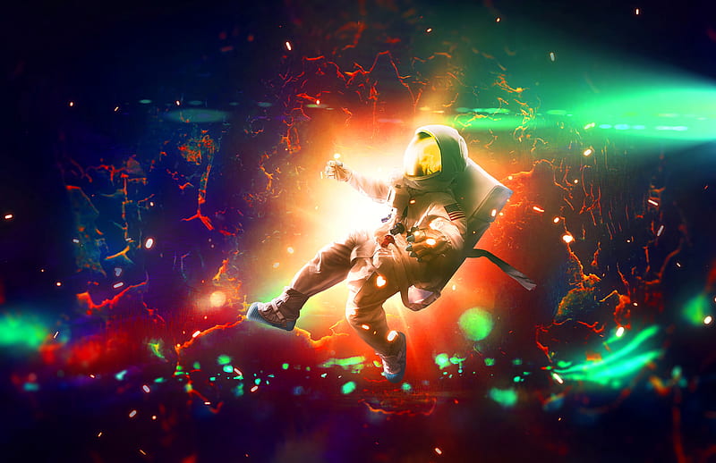 astronaut, flash, bright, colorful, sparks, HD wallpaper