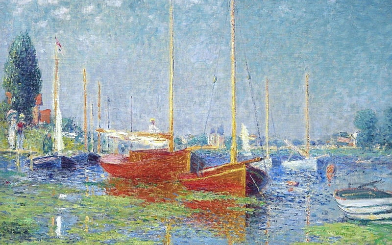 Argenteuil Yachts, red, art, Claude Monet, water, green, painting, summer, impressionism, pictura, blue, HD wallpaper