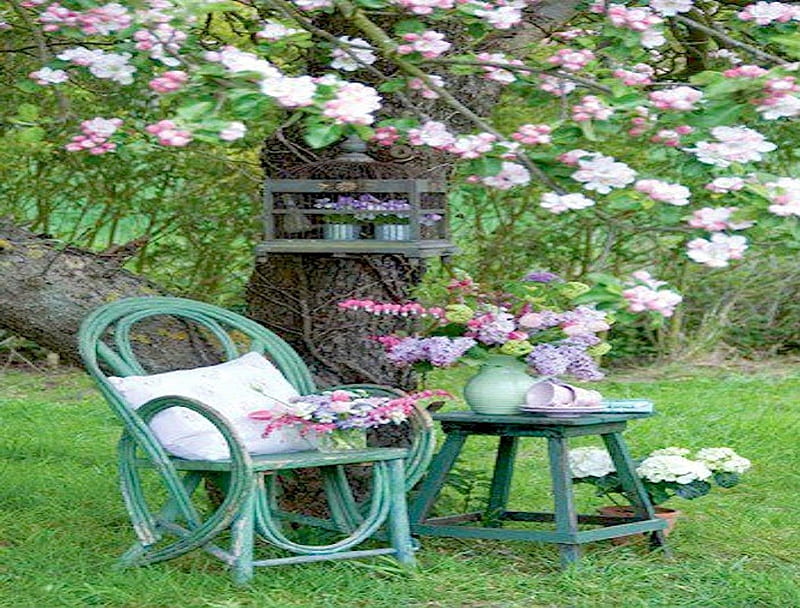 Pretty Garden Setting, furniture, rest, sit, tree, green, relax, garden, tea, HD wallpaper