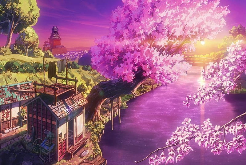 Sakura Scenery, sakura, fuse, house, anime, oriental, scenery, landscape, HD wallpaper