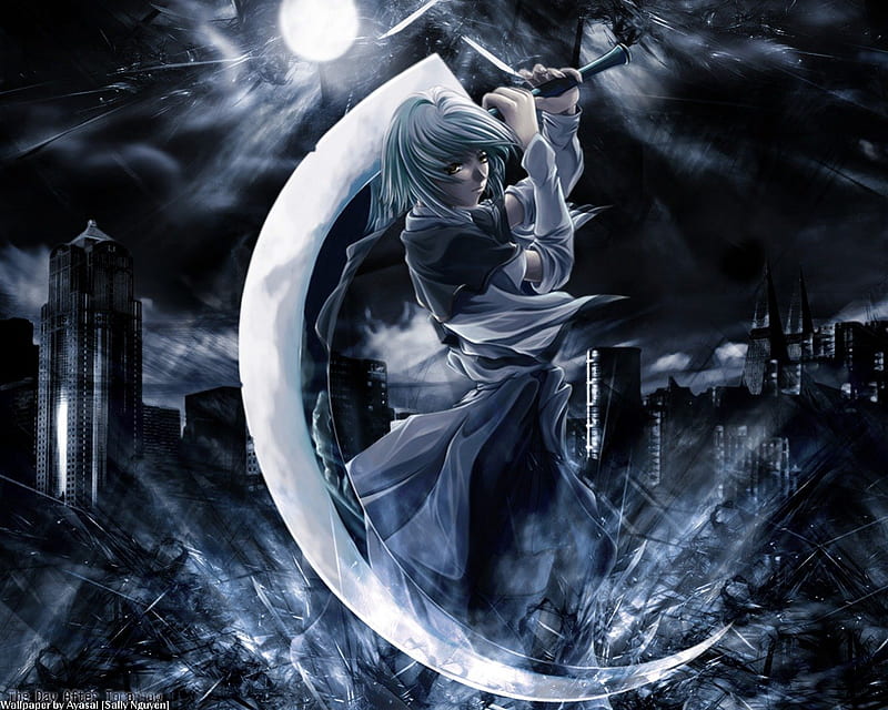 a large and lethal sword, manga, the moon, anime, dark warrior, HD wallpaper