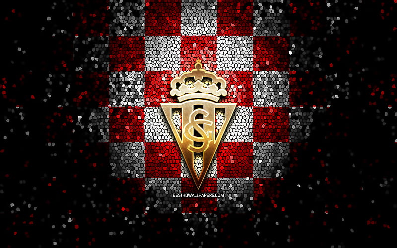 Sporting Gijon FC, glitter logo, La Liga 2, red white checkered background, Segunda, soccer, spanish football club, Sporting Gijon logo, mosaic art, football, LaLiga 2, Real Sporting de Gijon, RSG, HD wallpaper