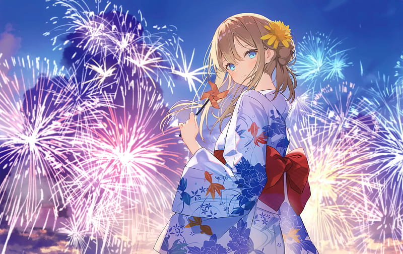 Beautiful anime girl, yukata, fireworks, japanese clothes, festival, Anime,  HD wallpaper | Peakpx