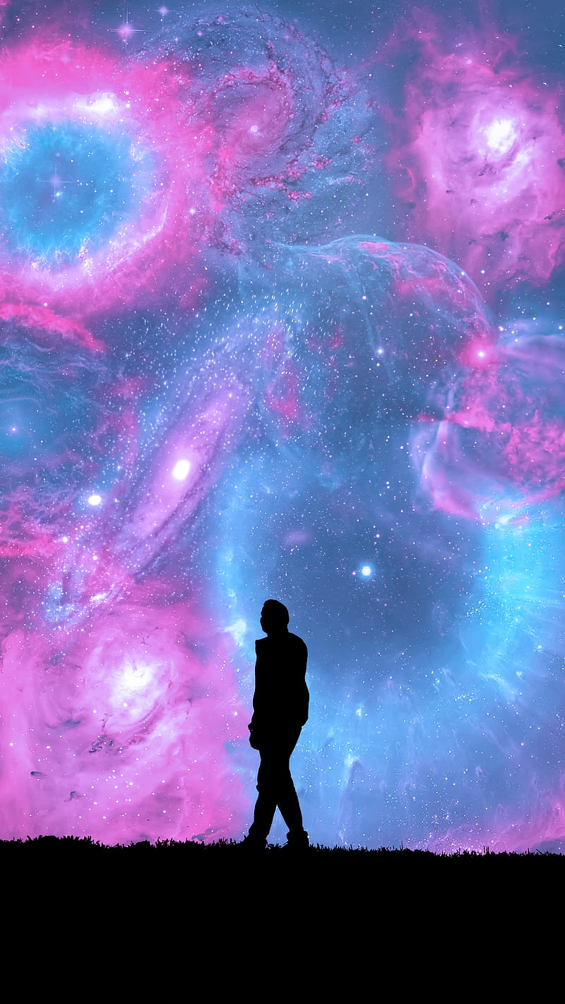 Nebulas, cosmos, dreamlike, galaxy, nebula, silhouette, sky, space, stars, surreal, HD phone wallpaper