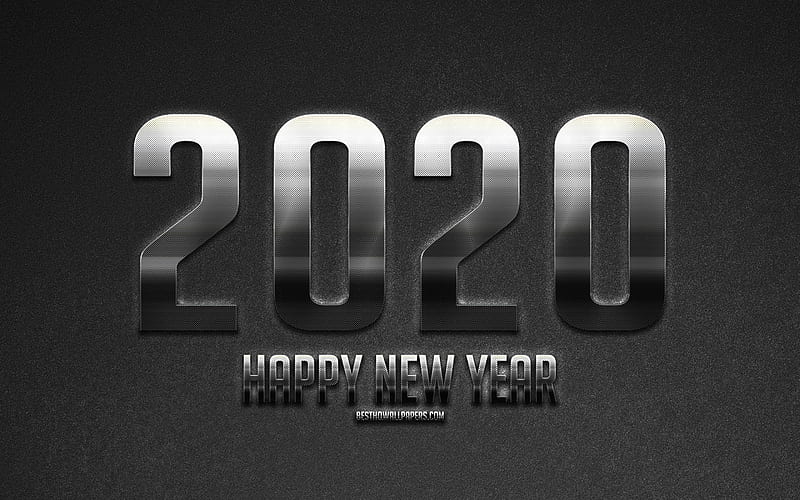 Happy New Year 2020, silver metal letters, 2020 metal background, 2020 concepts, gray stone background, 2020 New Year, HD wallpaper