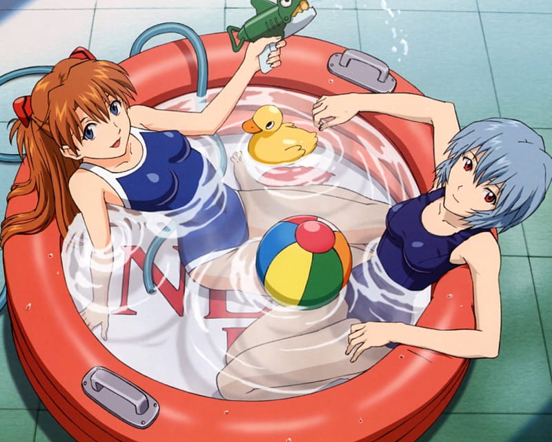 Asuka and Rei in pool, rei, anime, summer, asuka, pool, evangelion, HD wallpaper