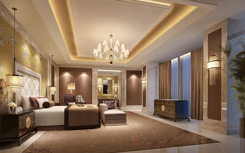 luxurious interior, bedroom, classic design, luxury hotel room, HD wallpaper