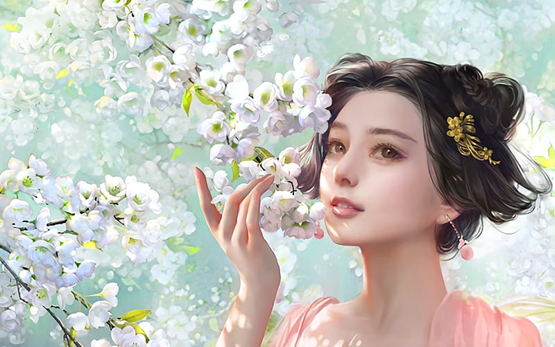 Spring beauty, art, frumusete, luminos, empress of china, fan binbing, spring, blossom, fantasy, girl, hand, asian, white, pink, HD wallpaper