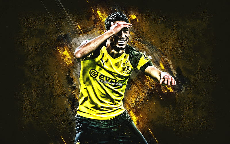 Achraf Hakimi, Borussia Dortmund, Moroccan footballer, defender, portrait, yellow stone background, Bundesliga, Germany, football, HD wallpaper