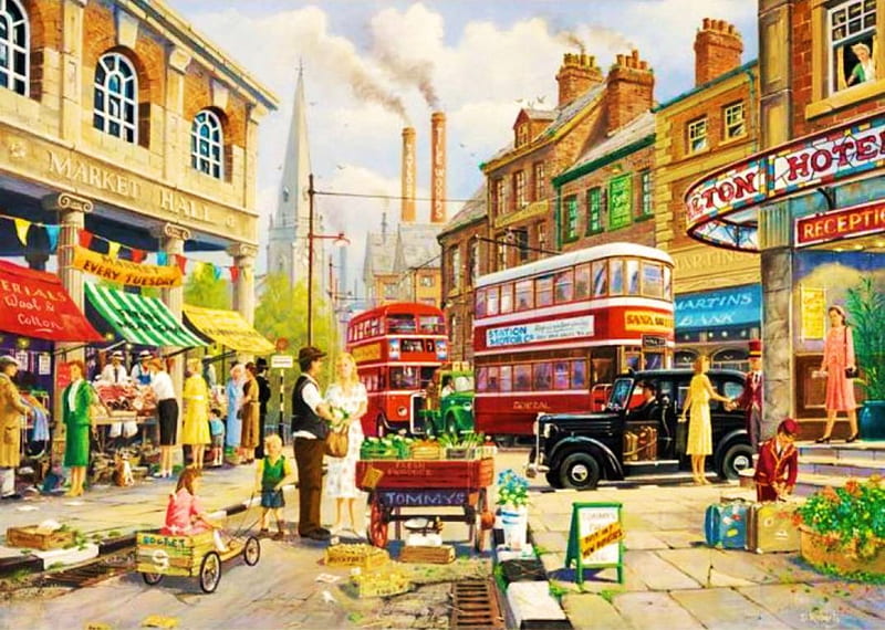 Market Hall, London, taxi, houses, artwork, England, bus, HD wallpaper