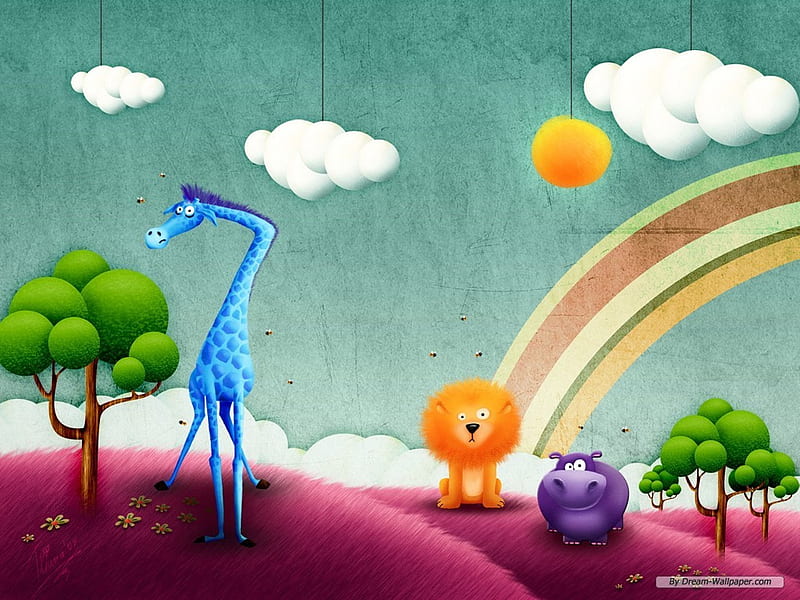 Friends, cute, hippo, giraffe, lion, animals, HD wallpaper