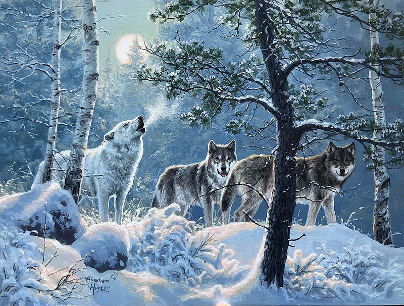 Under The Moonlight, winter, forest, snow, painting, wolves, trees, artwork, HD wallpaper