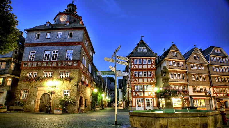 town center in herborn germany, center, fountain, signs, town, lights, HD wallpaper