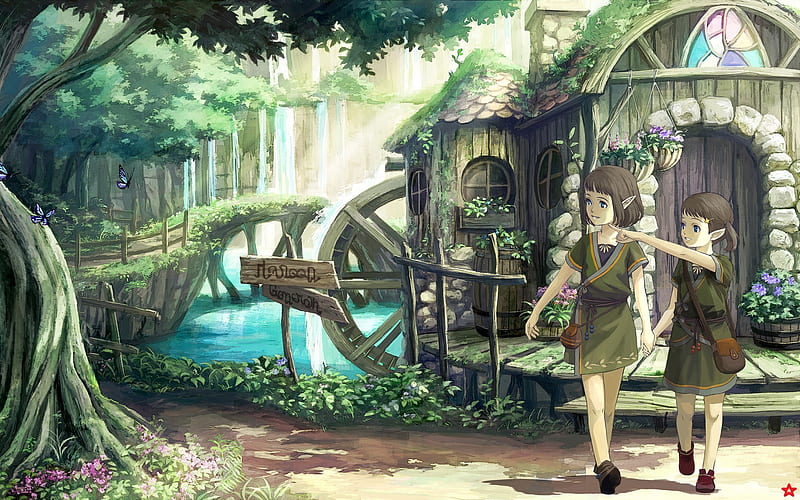 The Elf Girls, house, scenic, plant, country side, butterfly, anime, water mill, hot, anime girl, road, forest, female, elf, sexy, pond, building, cute, tree, water, girl, flower, road side, scene, HD wallpaper