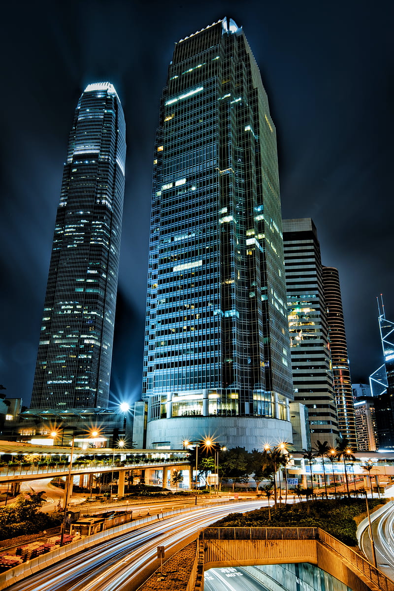 skyscrapers, buildings, city, night, lights, long exposure, HD phone wallpaper