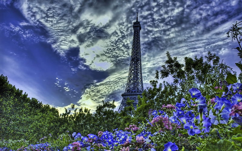 Eiffel Tower, sky, clouds, violet flowers, R, Paris, France, HD wallpaper