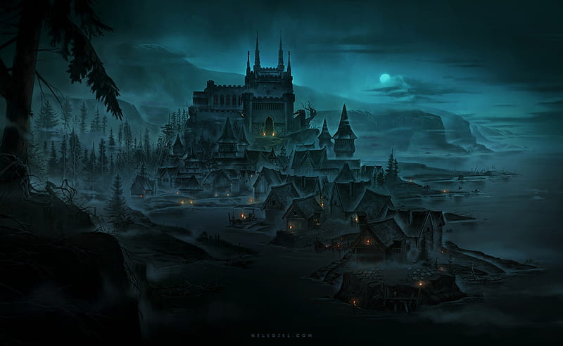 The Necromancer castle, fantasy, castle, blue, nele diel, luminos, dark, HD wallpaper