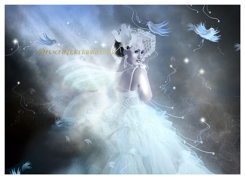 ★Bride of the Universe★, Bride, pretty, wonderful, Universe, adorable, women, sweet, fantasy, doves, manipulation, love, emotional, flowers, face, wings, lovely, models, birds, abstract, lips, trees, cool, flying, rays of light, hop, eyes, white, colorful, dress, bonito, digital art, hair, emo, leaves, people, girls, feathers, animals, amazing, female, colors, magical, HD wallpaper