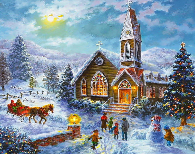 Christmas scene, art, christmas, holiday, town, bonito, country, church, mood, winter, snow, painting, village, scene, frost, HD wallpaper