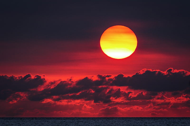 sunset, sun, red, clouds, sea, HD wallpaper