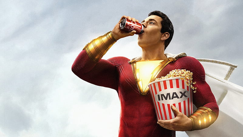 Shazam 2019, movie, red, popcorn, drink, Zachary Levy, shazam, man, HD wallpaper