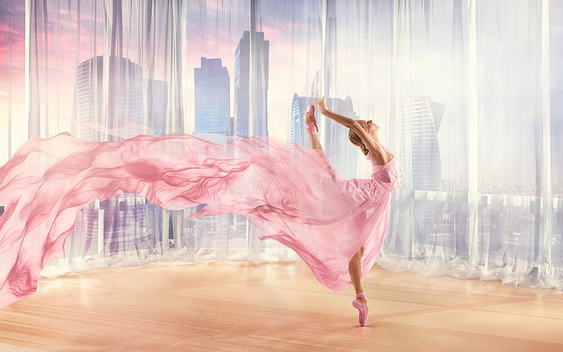 Ballerina, pink, girl, skyscrapers, HD wallpaper