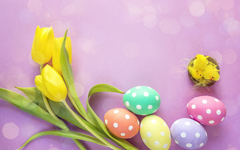 Happy Easter, yellow tulips, painted eggs, spring, spring flowers, Easter, HD wallpaper