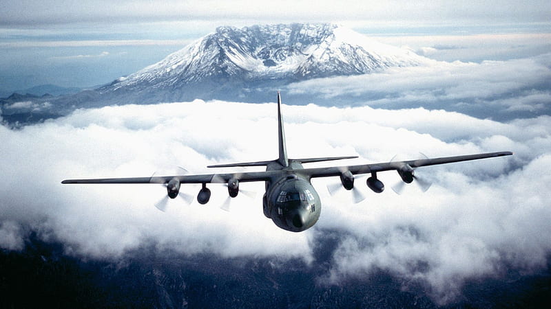C130 Hercules over Mt St Helens, mountain, military, plane, cargo plane, HD wallpaper