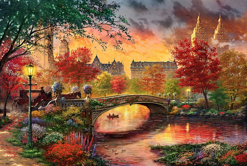 Vintage autumn in Central Park. NY, painting, tree, river, autumn, sunset, HD wallpaper