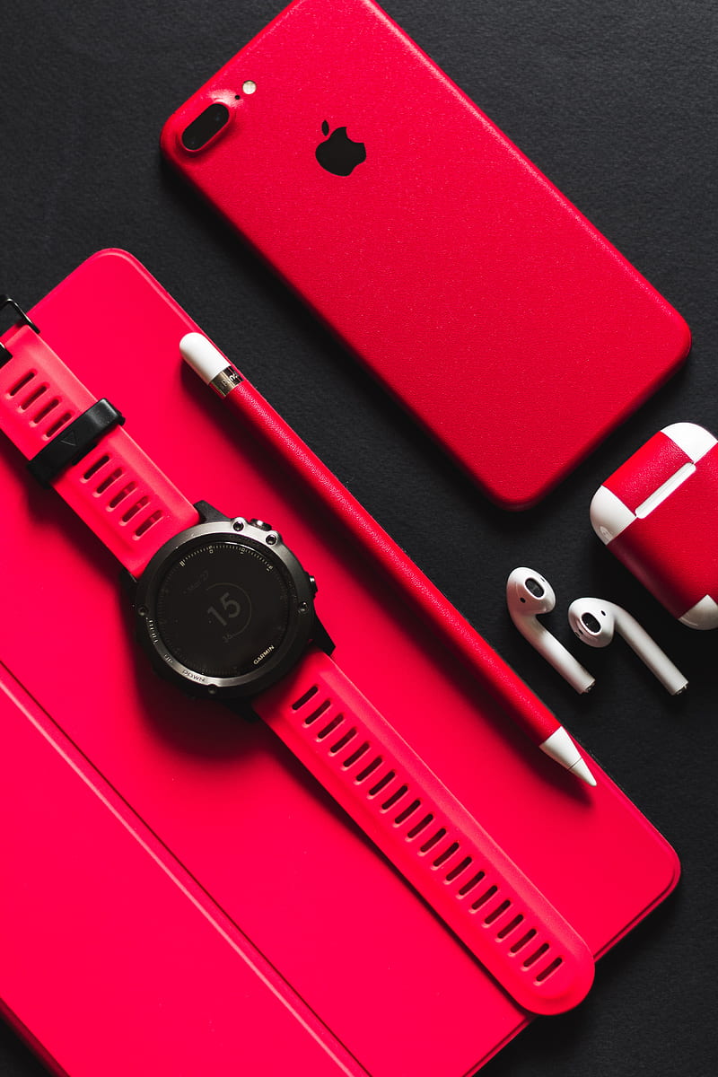 smartwatch, stylus, AirPods, and product red iPhone 7 on black surface, HD phone wallpaper