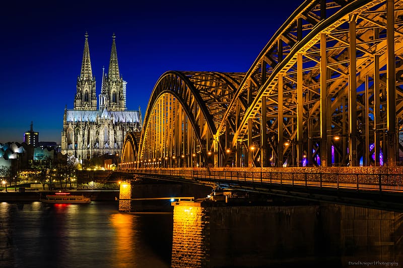 cologne cathedral, cathedral, bridge, river, evening, HD wallpaper