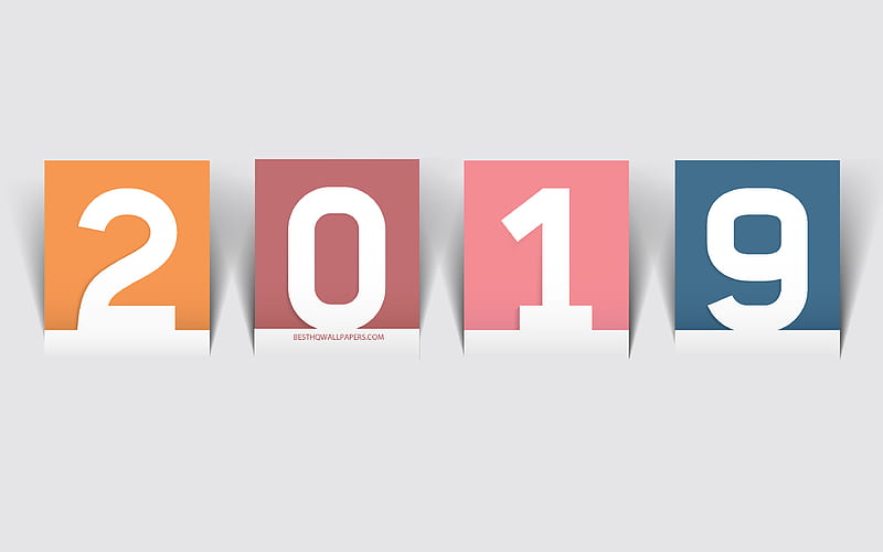 2019 Year, concepts, paper cards, color numbers, 2019 concept, gray background, HD wallpaper