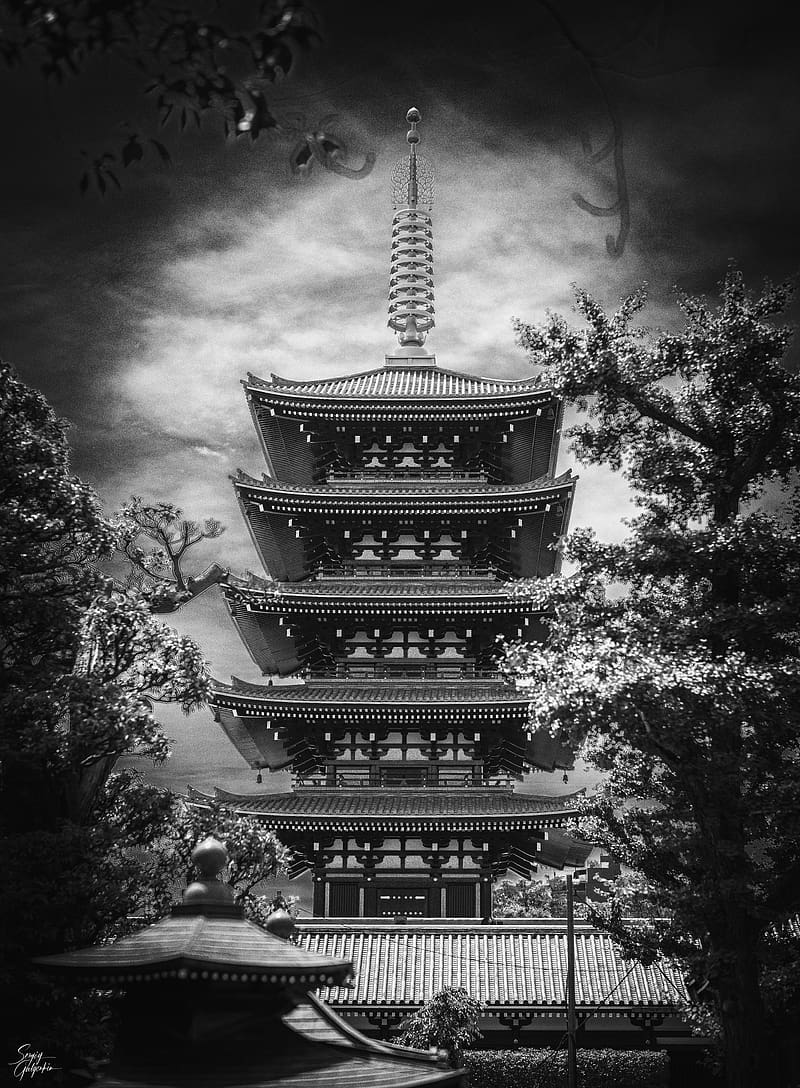 pagoda, antenna, black and white, trees, asia, HD phone wallpaper