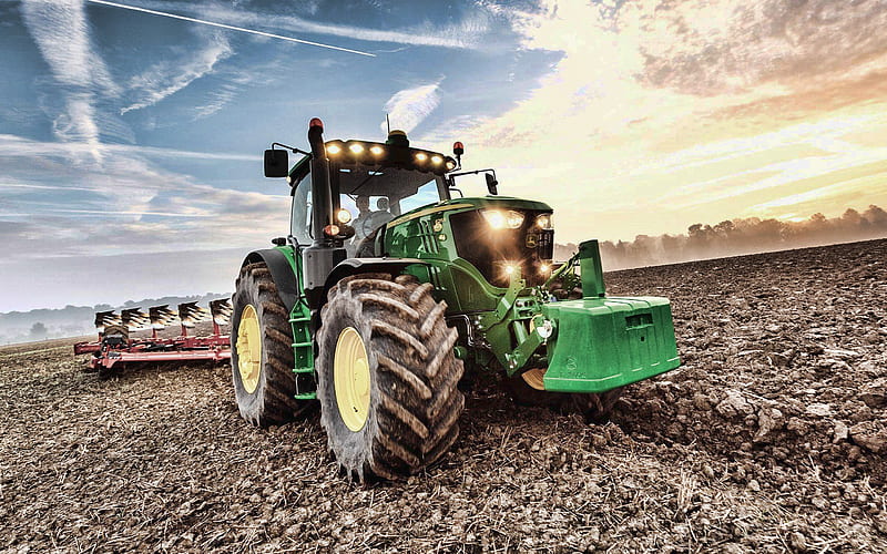 John Deere 6155R, plowing field, 2019 tractors, 6R Series Tractor, agricultural machinery, harvest, green tractor, R, field cultivation, agriculture, tractor in the field, John Deere, HD wallpaper