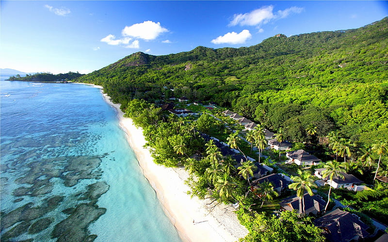 Seychelles, Indian ocean, tropical islands, beach, palm, coast, exotic island, Labriz resort, HD wallpaper