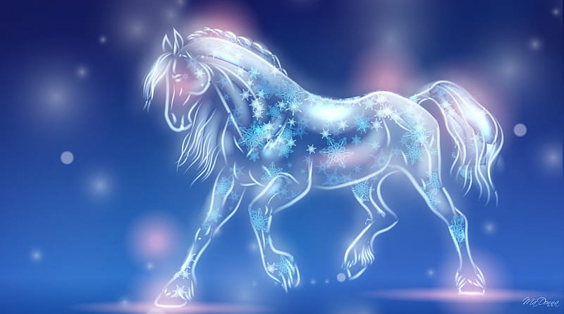 Horse of Light, year of the horse, stars, New Year, horse, 2104, fantasy, snowflakes, pink, light, blue, HD wallpaper