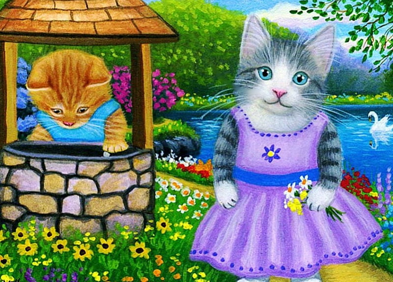 The Wishing Well, kitty, painting, flowers, garden, artwork, HD wallpaper