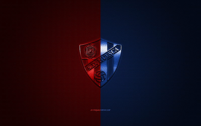 SD Huesca, Spanish football club, La Liga 2, blue red logo, blue red carbon fiber background, football, Huesca, Spain, SD Huesca logo, HD wallpaper