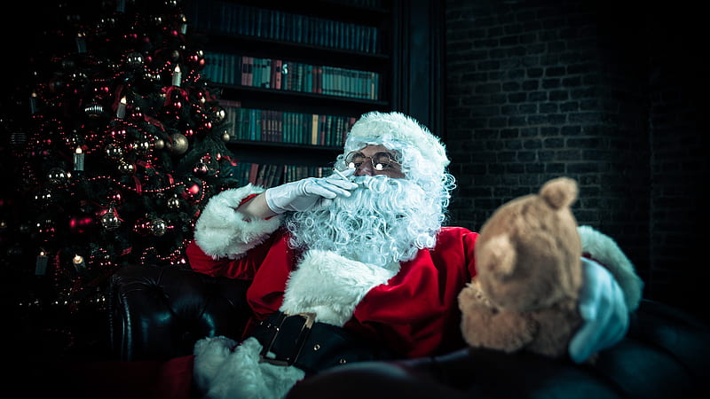 Santa Claus Is Sitting On Couch With Christmas Tree And Books Background Christmas Tree, HD wallpaper