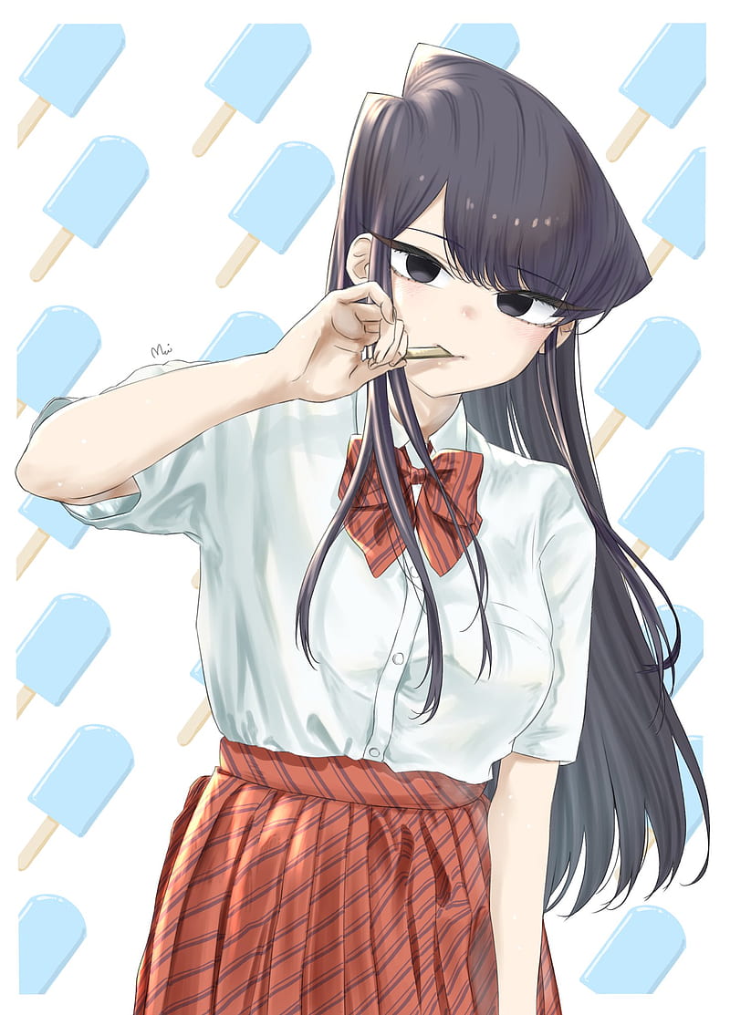 Komi-san wa, Comyushou desu., anime girls, summer, school uniform, JK, long hair, white t-shirt, Komi Shouko, red skirt, 2D, black hair, smiling, curvy, blushing, ice pop, anime girls eating, looking at viewer, black eyes, vertical, mitsugu, fan art, anime, HD phone wallpaper