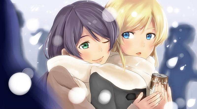 Girls in a frosty weather, blonde, two, girl, anime, HD wallpaper