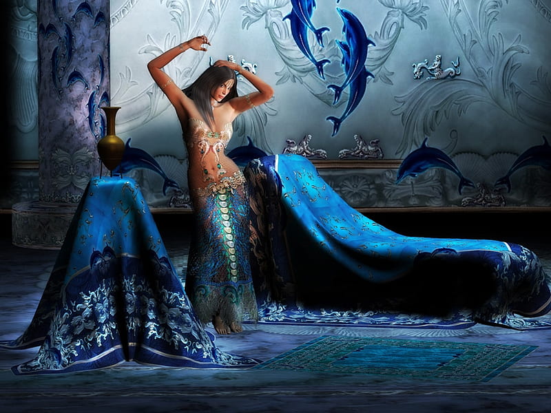 Belly Dance, fantasy, fishes, girl, background, dance, HD wallpaper