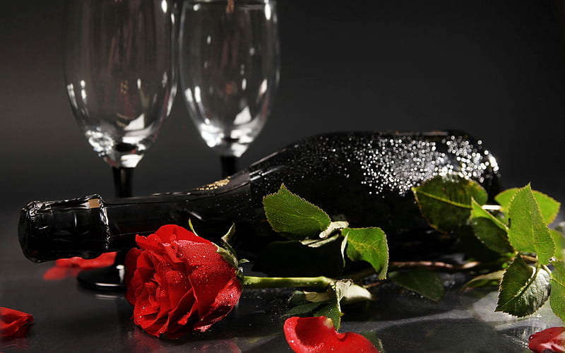 Holiday, Champagne, Red, Roses, Wine, Flowers, HD wallpaper