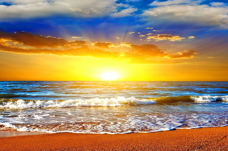 Sunrise, shore, sun, sunset, clouds, sea, beach, sand, SkyPhoenixX1, morning, horizon, ocean, sunlight, waves, sky, water, summer, sunshine, coast, HD wallpaper