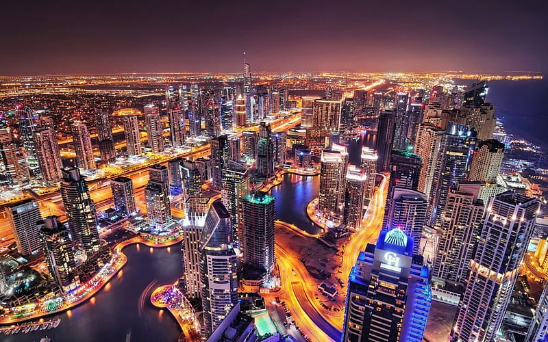 Dubai, skyline, UAE, skyscrapers, nightscape, United Arab Emirates, HD wallpaper