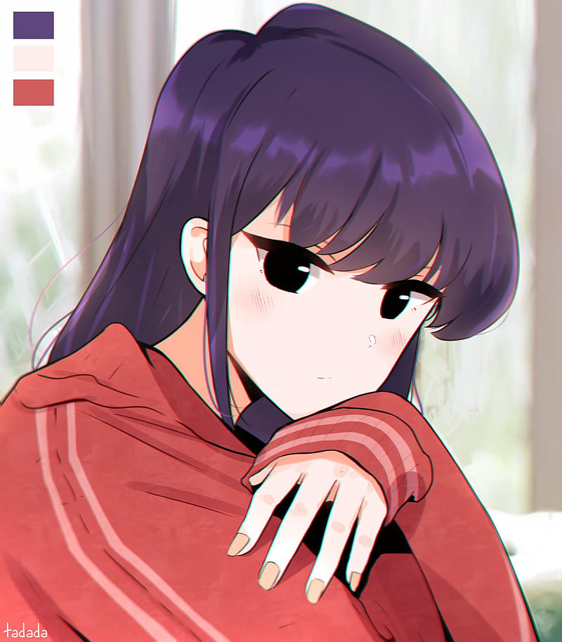 Komi-san wa, Comyushou desu., long hair, black hair, red sweater, blushing, anime girls, Komi Shouko, looking at viewer, 2D, black eyes, fan art, anime, HD phone wallpaper