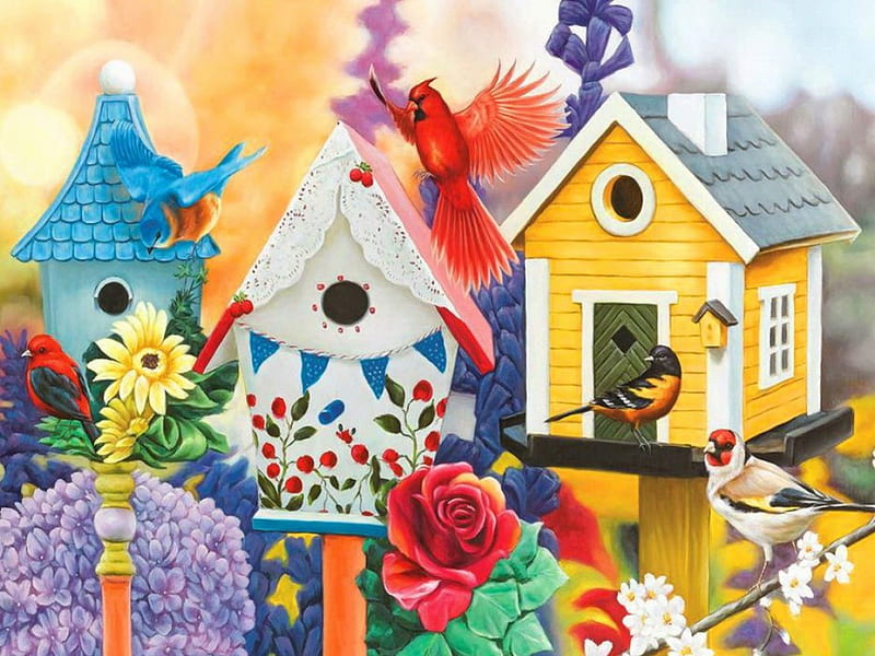 Friendly neighbors, pretty, colorful, art, birds, bonito, neighbors, summer, birdhouse, flowers, garden, friends, HD wallpaper