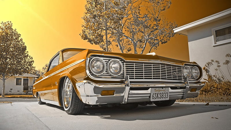 1964 chevy impala lowrider r, driveway, orange, car, r, lowrider, vintage, HD wallpaper