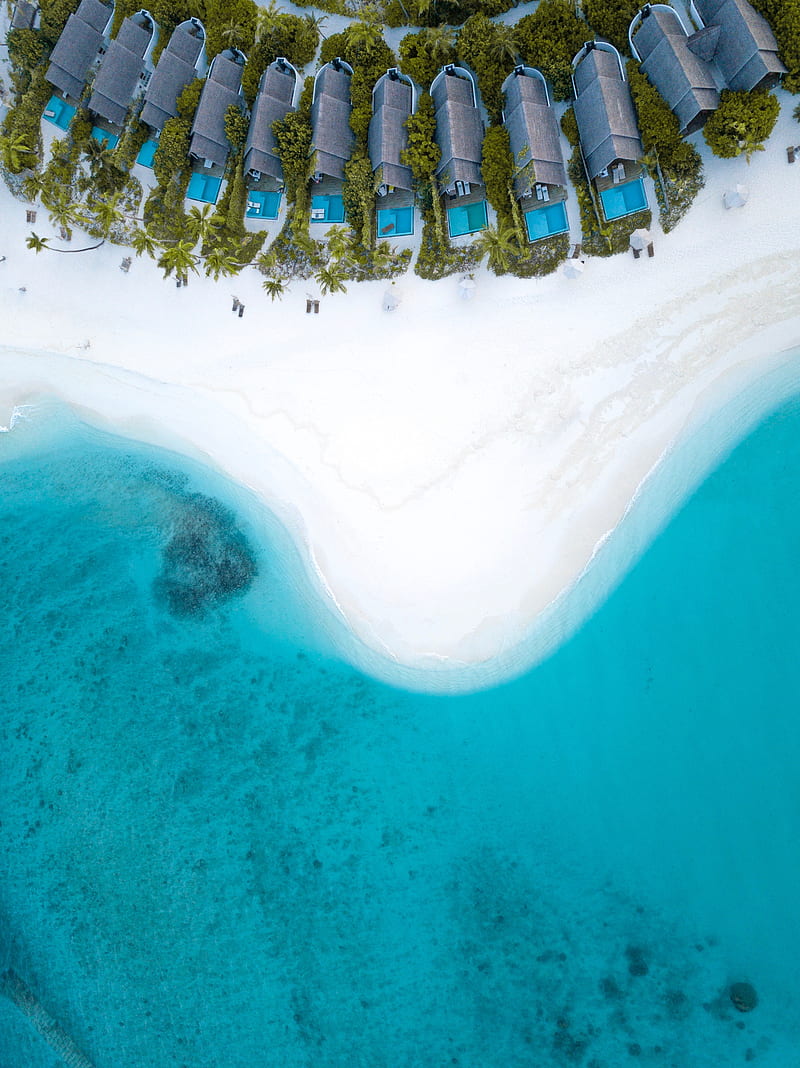 ocean, aerial view, coast, maldives, sand, beach, paradise, HD phone wallpaper