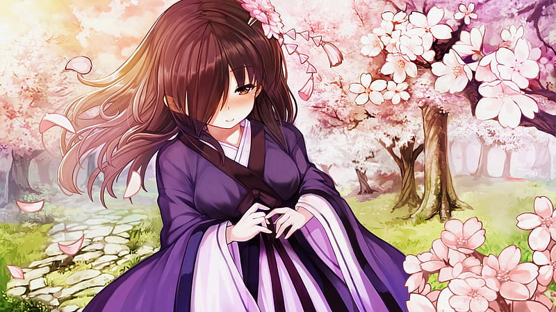 anime girl, brown hair, kimono, sakura blossom, shy expression, Anime, HD wallpaper